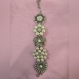 Pearl and Crystal Floral-Link Bracelet - Silver Tone
